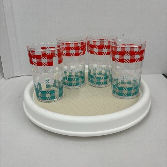 Set of 4 mid century juice glasses with red, white and teal pattern VTG Kitchen - Picture 2 of 8